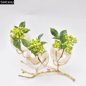 Vases Golden Branch Glass Vase Hydroponics Flower Pots Desk Decoration Artificial Flowers Decorative Creative Brass Base Floral