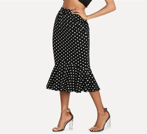 Tamanho mais tamanho vintage preto polka branca bolinha babado bainha rabo de peixe mulheres verão no meio da cintura de escritório casual lady streetwear sais3953360
