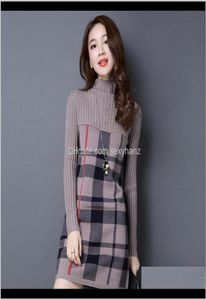 sweater Womens Clothing Apparel Women Autumn Winter Turtleneck Long Sleeve Plaid Knitted Sweater Dress Female Loose Sweaters Pullo2541575
