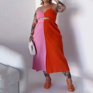 Kuclut Frauen Plus Size Kleider Sommer Fashion gegen Nackenhülsenhülsenleiste Cutout Color Block Urlaub Übergroße Kleider 240506
