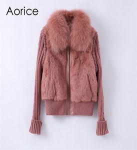 Aorice New Fashion Design Fox Fur Collarl Lady Real Rabbit Fur Coat with Nylon Sleeve CT1386051221