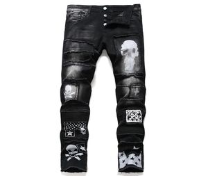 New Men039S Black Skull Stars tryckta jeans Streetwear -knappar Fly Patchwork Slim Stretch Denim Pants Spring Autumn Casual Jean9707428
