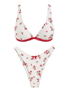 Damen Badebekleidung Zaful Floral Rose Print Bow Decor Dreieck frecher Bikini zweiteiliger Set