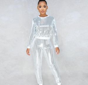 Womens 2 Piece Pants Outfits Sexig Silver Glitter -paljetter Metallisk glänsande topp och byxor Ställ kläder KLÄDER Sweatsuit8360899