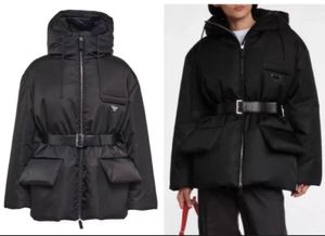女性デザイナーロングジャケットウィンターメンズブラックパフジャケットコートウィンドブレイカーパーカーとベルトファッションレター逆三角形D4721337
