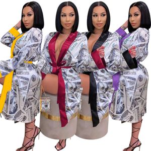 Womens Sleepwear Money Robes Casual Pajamas Fashion Lingeries Robe Satin US Dollar Print Lace Up Medium Length Nightgowns