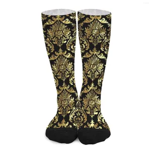 Women Socks Damask Floral Stockings Black and Gold Design Korean Winter Non Skid Climbing Soft