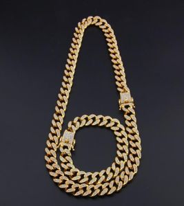 13mm Miami Cuban Link Chain Gold Silver Necklace Bracelet Set Iced Out Crystal Rhinestone Bling Hip hop for Men9172789