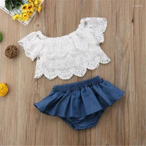 Kläderuppsättningar 0-36 Månters babyflickor outfit Ruffled off-shoulder ihåliga ut spetsar denim tutu kjol shorts sommarkläder