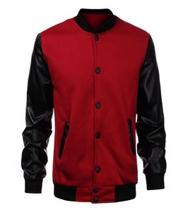 Whole 2016 Fashion Design Cool College Baseball Jacket Men Black PU Leather Sleeve Sweatshirt Mens Slim Fit Varsity Bomber Ja6126177