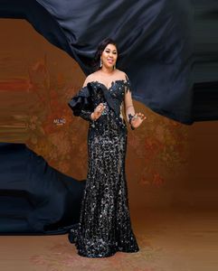 Elegant Black Evening Gowns Dresses Plus Size Long Sleeves Sequins Ruffles Custom Made Lace Appliques Formal Event Prom Dress9921124