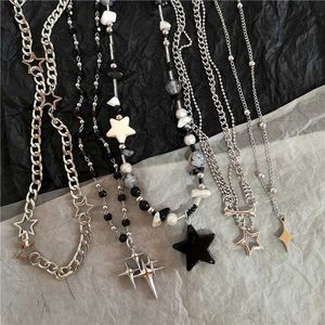 Pendant Necklaces Kpop Gothic Vintage Cool Y2K Star Pendant Beaded Silver Chain Necklace Suitable for Women Men Aesthetics and Grunge EMO Jewelry Access J240516