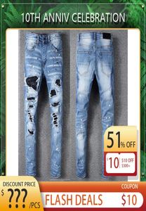 Projektant Men039s w trudnej sytuacji rozryte chude dżinsy mody dżinsy szczupłe motocykl przyczynowe mężczyźni dżinsowe spodnie 6540712