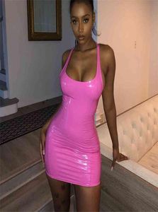 Sexy Pink PU in pelle BodyCon Drenpe Summer Women Sleeveless Low Bass Bai Back Elastic Mini Party Club ES 2106076951004