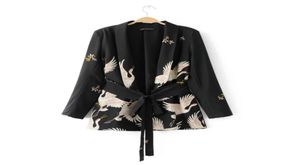 Fashion Women Red Crowned Crane printing Kimono style jacket Casual Long sleeve Coat Vintage Knotted belt Loose Tops C215 2011125143716