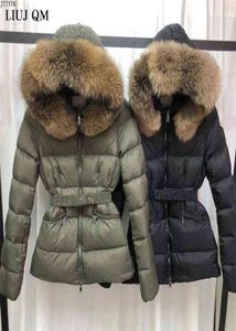 Wintermantel Frauen Luxusmarke Pufferjacke natürlicher Pelzkragen schlanker Gürtel Ente Down Feather Parkas Doudoune Noir 2112211498826