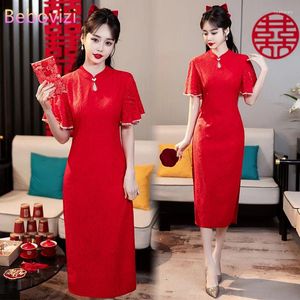 Etniska kläder kinesiska traditionella retro smala midja delad spets bröllopsklänning qipao för kvinnor modern förbättring cheongsam år cny