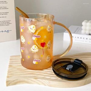 Vinglas 1 liter kawaii ostglas kaffekoppmuggar med lock och halmflaska för drycker öl te vatten mjölksaft dricker