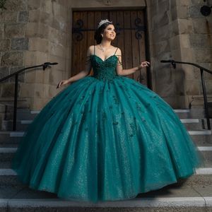 Svartgrön quinceanera klänningar 2024 spetsapplikationer pärlor söta 16 födelsedagsfest klänning vestidos de 15 anos fröken prom gala