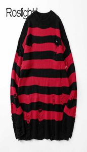 Black Striped Sweater Ripped Sweater Men Pullover Hollow Out Hole Knit Jumpers Punk Unisex Loose Oversized Pullovers Streetwear Y07500442