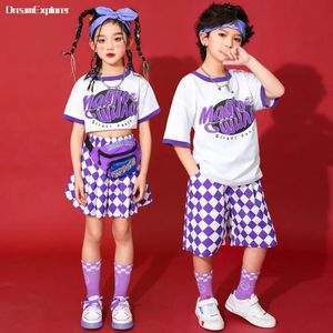 Boys Hip Hop Print Tshirt Street Dance Shorts Girls Purple Crop Top Plaid Skirts Child Summer Clothes Sets Kids Jazz Costumes 240516