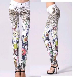 Jeans de impressão Mulher Casual Lápis Pants Menina Lavada Padrão Leopard