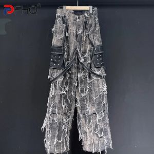 PFHQ Mens Heavy Industry Mud Dyed Rivet Jeans Spliced Straight Long Stacked Micro Flared Wide Leg Handsome Denim Pants 21Z2243 240518