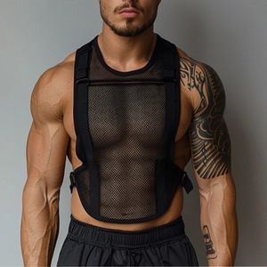 Sportowy trening mięśni męskie szczupły czołg Tops Summer Seksowna przezroczysta kamizelka oddychająca siatka dla mężczyzn mody wiązanie fit camisole 240518