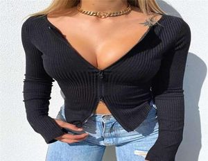 Thirt da donna039s Donne Front Zipper Coppa a coste Top Autunno Solido Solido Cinta Long Ver al collo Terza maglieria Tops 5473470