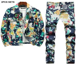 Fashion Loose Tracksuits Men039s Camouflage Twopiece Set Multicolor Printing Revers Denim Jacke Straight Hosen vier Staffel M4231719