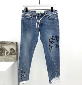 2021 fashion designer mens jeans white graffiti midweight string slim leg clothing cotton paint skinny solid off man pants8991555