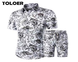 Mode blommor tryck skjortor set män sommar kort ärm tröjor casual män kläder set träning male plus size 5xl 2103306232974