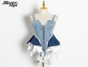 Women039s Jackets Sling Denim Jacket Skirt Women Corset Patchwork V Neck Sleeveless Backless Sexy Zipper Designer Irregular Hem5769118