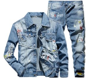 Brand Autumn Men039s Jeans Tracksuits hellblau zwei Stücke Sets Long Sleeve Denim Jacket Hosen Männliche Mode -Casual Ensembles 4016472