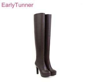 Brandneue Winter sexy braune Frauen Oberschenkel hohe Plattform Stiefel Schwarze Fashion Lady Party Tanzschuhe EH299 plus große Größe 10 4312833695