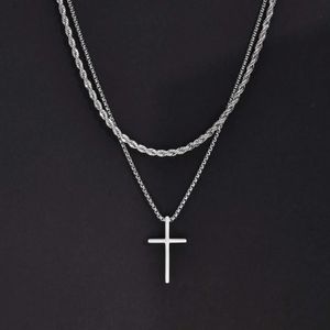 Подвесные ожерелья vnox mens Cross Cross Countrace из нержавеющей стали ламинированная простая рисунка поперечная подвесная веревочная коробка Колье простая молитва Иисус ожерелье J240516