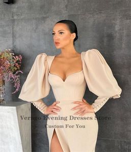 Verngo New Vintage Champagne Puff Long Sleeves Evening Dresses Side Slit Sweetheart ChiffonSatin 2021 Modern Formal Party Gown LJ6383636