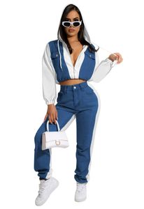 Women039s Two Piece Pants Set Casual Denim Patchwork Hooded Suit 2210283217461