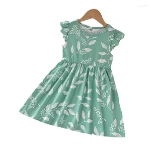 Girl Dresses 2024 Summer Cute A-line Leaf Pattern Frock For Children And Dress Nightgown One-piece Girls Flying Sleeve