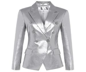 DEAT Autumn Winter Silver Double Breasted Button Outerwear Faux Leather Jacket Women Slim Blazer MG533 2010307223004