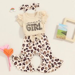 Clothing Sets FOCUSNORM 2 Style Baby Girls Summer Clothes 3pcs Short Sleeve Letter Print Ribbed Knit Rompers Leopard Flare Pants Headband