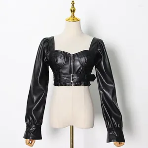 Women's Leather Y2k Black Faux Crop Top Women Square Neck Long Sleeve Zipper Cropped Jacket Sexy Backless Fashion 5xl 6xl 2024