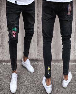 Skull Jeans Men Black Biker Jeans Pants Draped Ripped Long Pencil Pants Trousers Clothing1469647