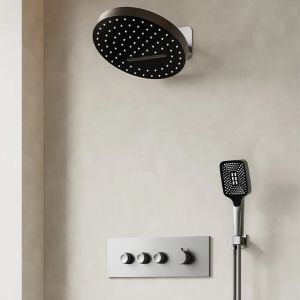 Armadia de luxo Cinza do sistema de chuveiro escondido Design montado na parede com botões de controle duplo para torneira de banheiro quente e fria de 3 funções