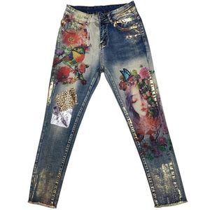 3D elastyczne dżinsy z kwiatami 3D Wzór pomalowane Pencil Pants Woman Eleganckie styl spodni dla kobiet dżinsów 2011063602305