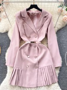 Vestidos casuais outono temperamento de inverno pequeno estilo de fragrância com cilindros vestidos de cinto vestido de manga comprida feminina mini elegante e peito duplo