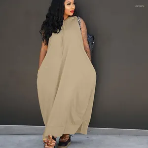 Lässige Kleider Streetwear Lose gerade lange Frauen ärmellose Kapuze Taschen Solid Tunika Maxi Kleid Vestidos Para Mujer