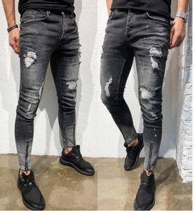 Mens Stylish Ripped Skinny Slim Jeans Fashion Designer Washed Zipper Paneled Biker Straight Frayed Stretch Denim Pants Streetwear4958347