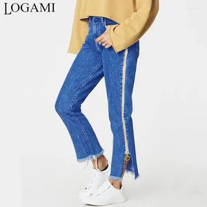 Frauen Jeans Logami hohe Taille Reißverschluss Seite Straight Woman Split Streetwear Denim Spring Sommerhosen Hosen