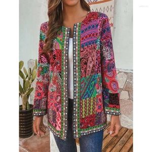 Frauenjacken Vintage -Leinenmantel für Frauen 2024 Retro Casual Mode Langarm O Hals Print Strickjacke Top Outwear